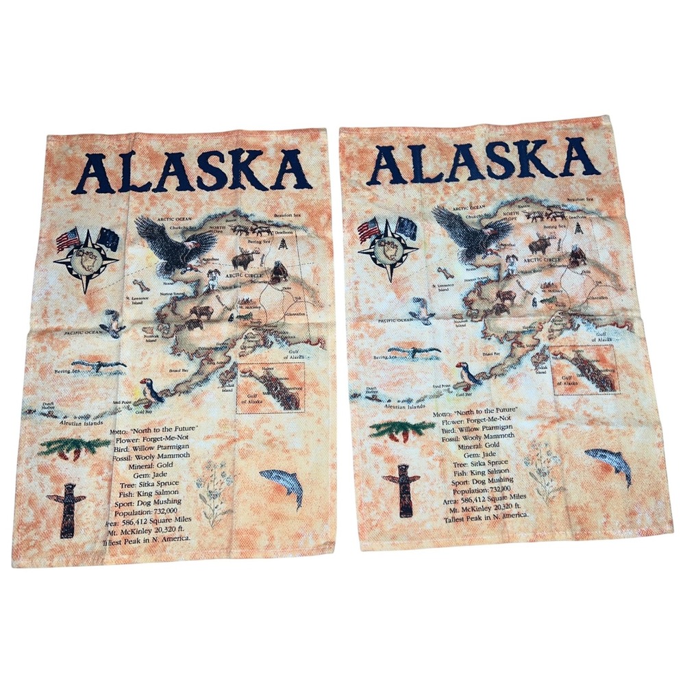 2‎ Alaska Map Souvenir Tea Towel Kitchen Decor Eagle Bear Salmon Art Print